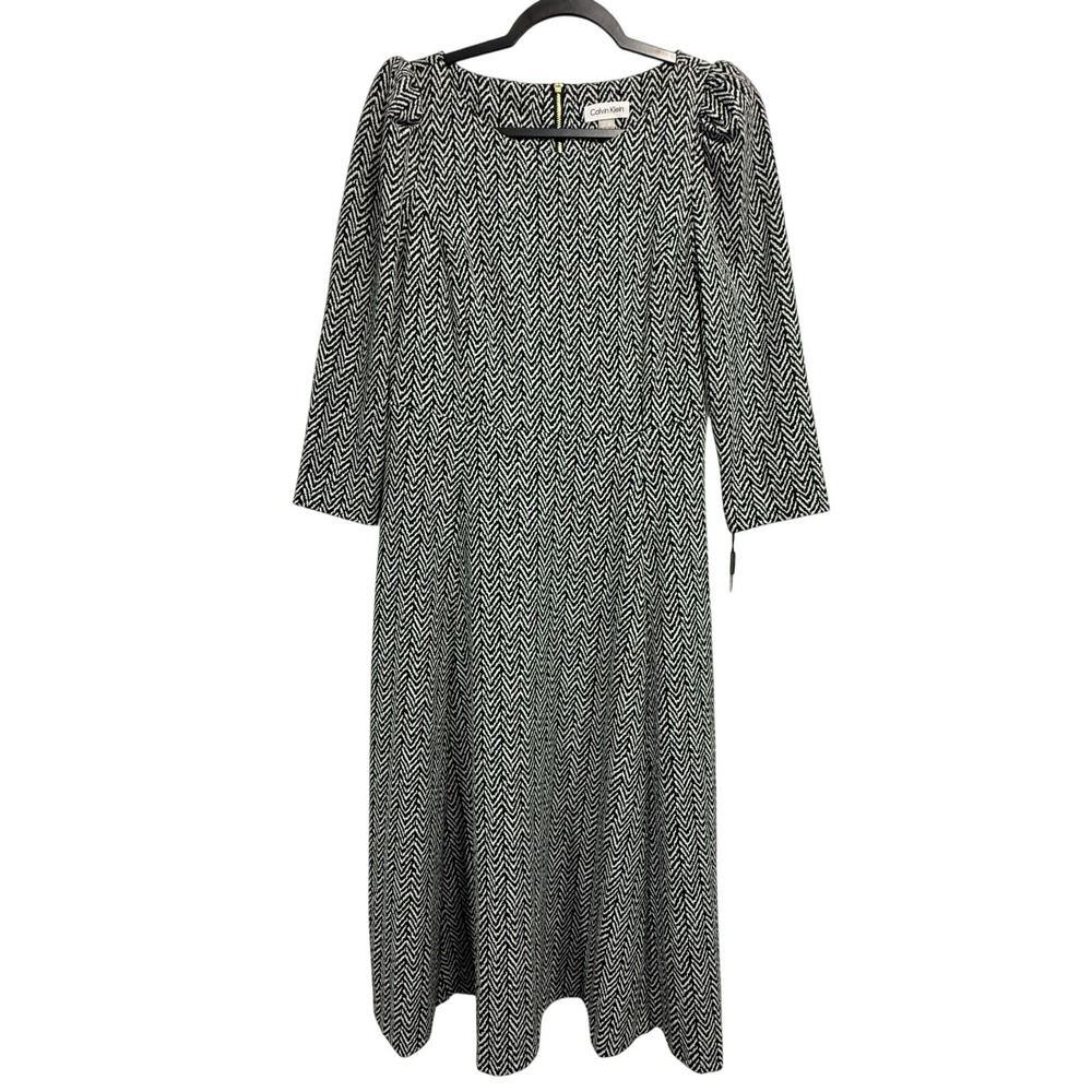 Calvin Klein Womens Size 8 Fit Flare Midi Dress Black White Herringbone NWT